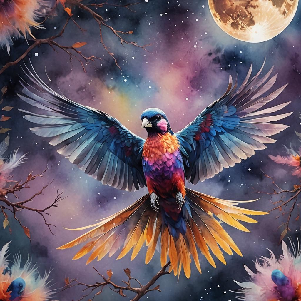 Exotic Bird Under Moon in Surreal Dreamscape