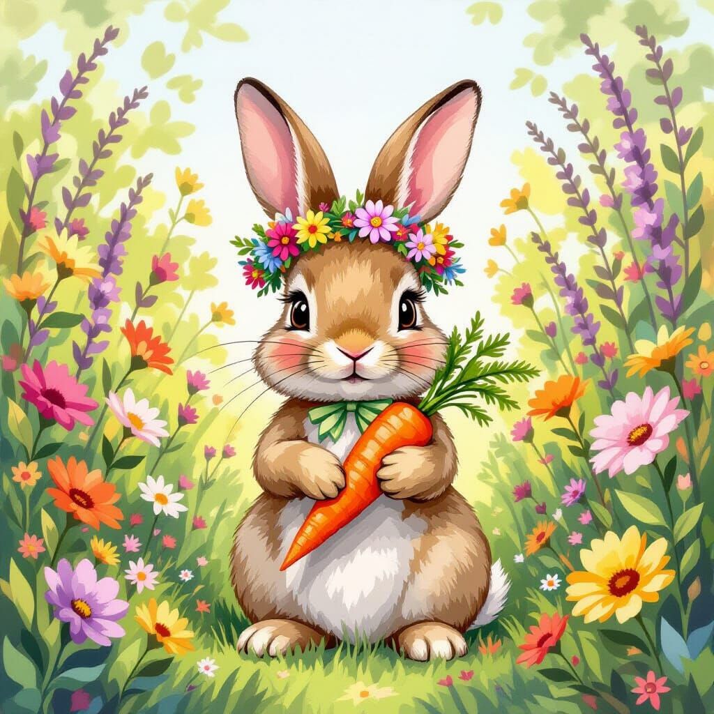 Rabbit with Floral Crown in Impressionist Garden