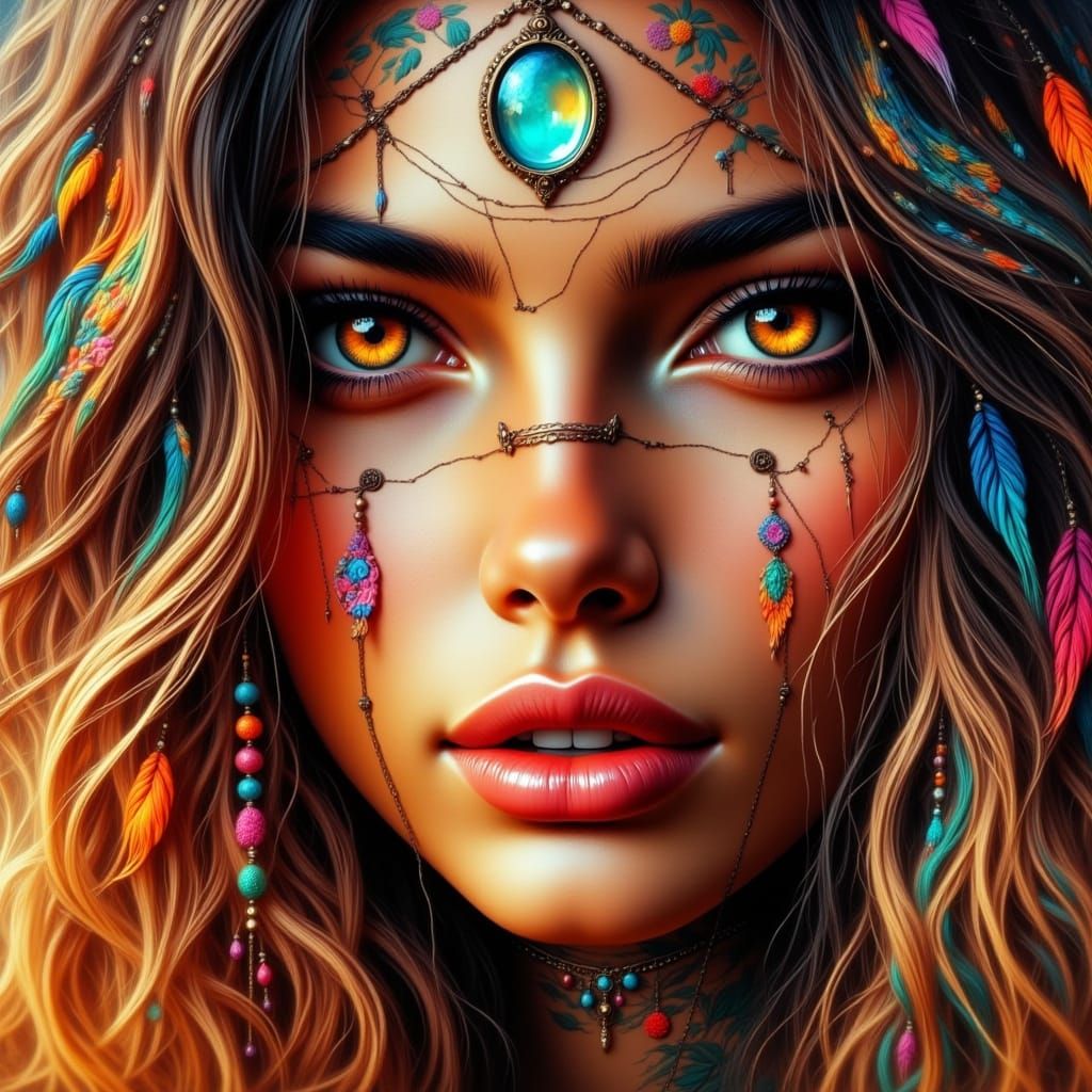 Surreal Goddess Portrayal in Vibrant Orange and Tanned Skin