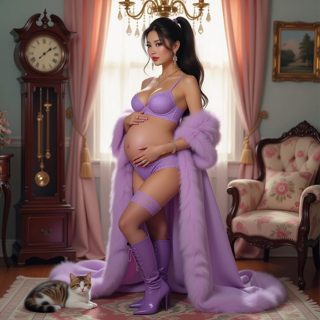 Pregnant Woman in Lilac Lingerie: Realistic Art Style
