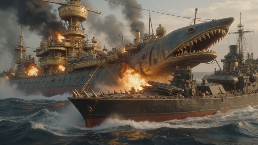 Steampunk Battleship Collision in Dramatic Cinematic Style