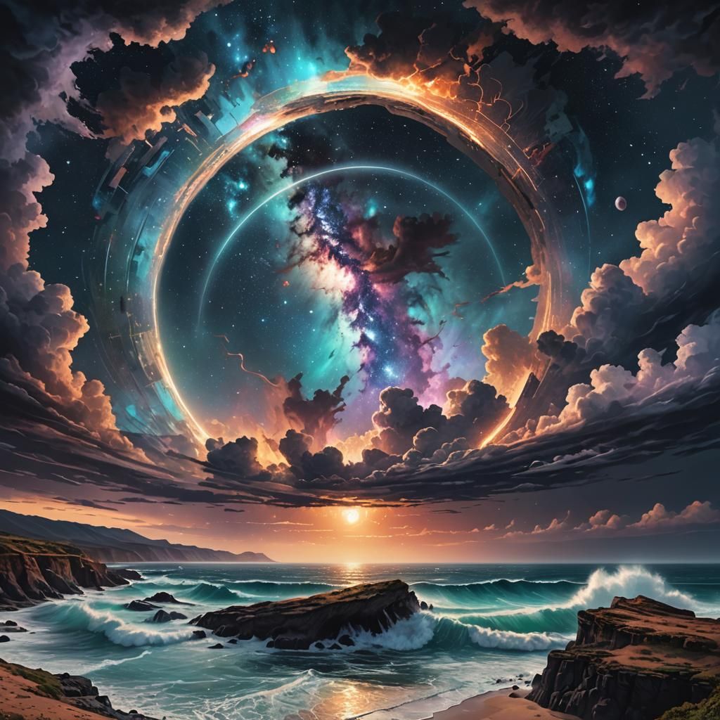 Cosmic Portal Opens Above Beach: Holographic Illustration