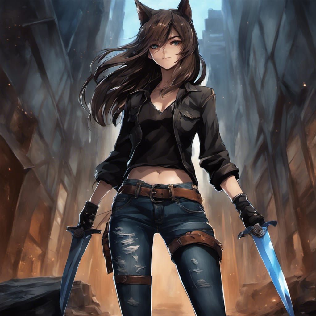 Anime Girl with Wolf Features and Weapons