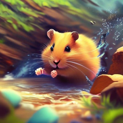 Hamster's Comical Leap in a Colorful Landscape