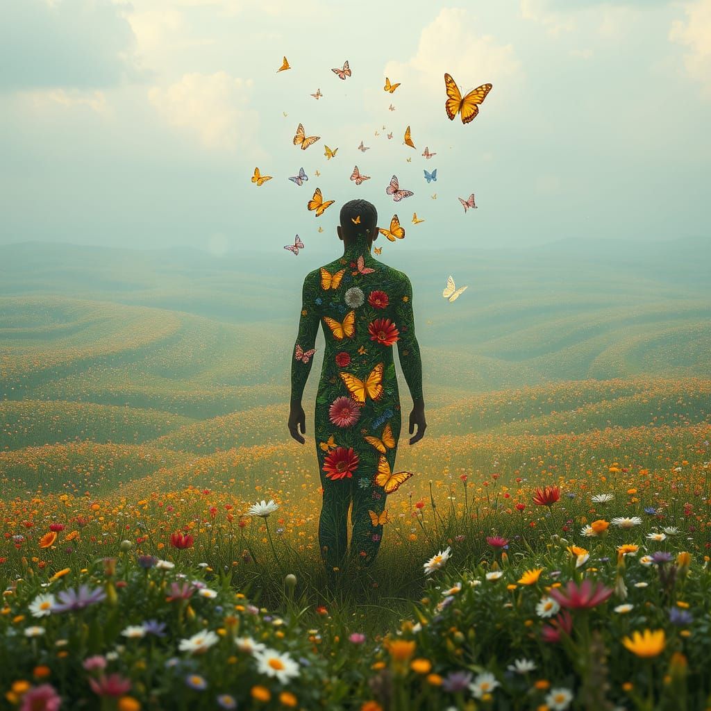 Surreal Meadow: Transformation in Klimt-Inspired Style