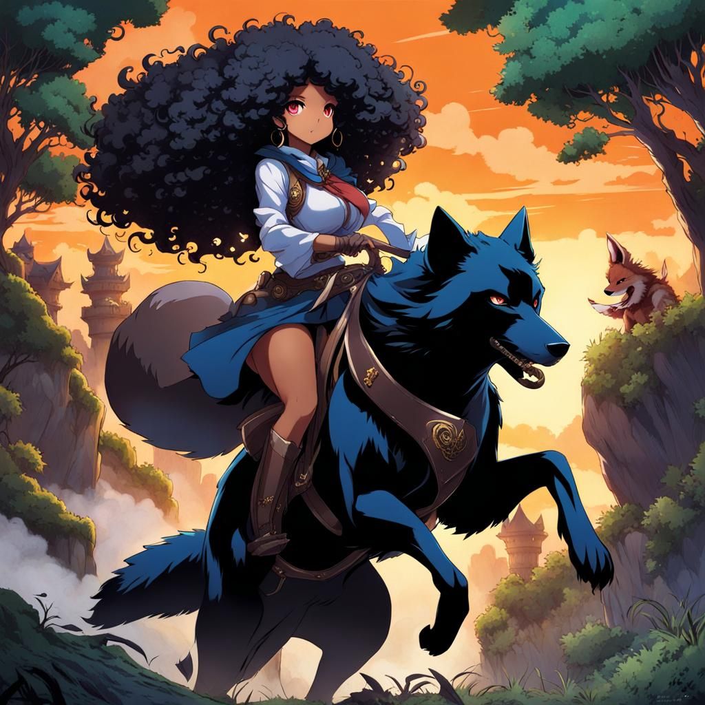 Indigenous Woman Riding Wolf in Anime Style