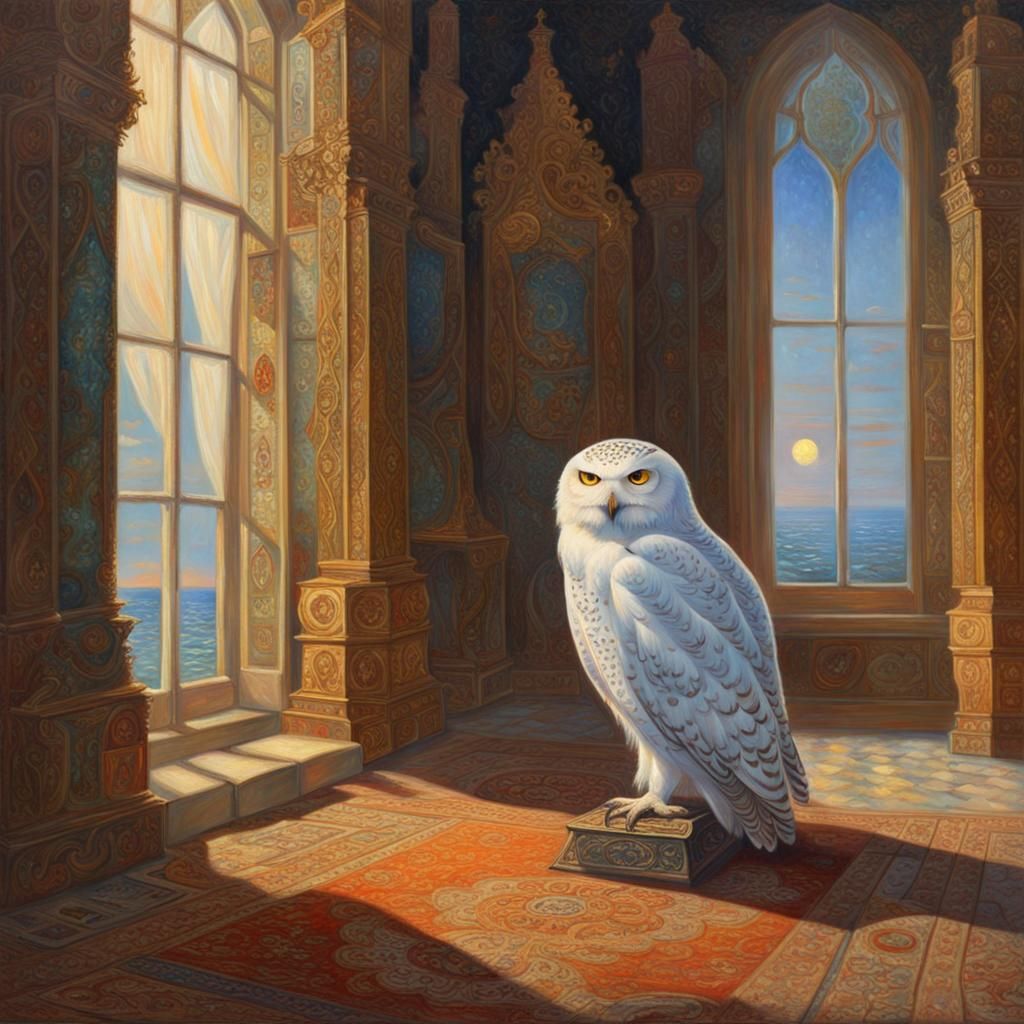 Crowned Snowy Owl in Throne Room, Oil Painting