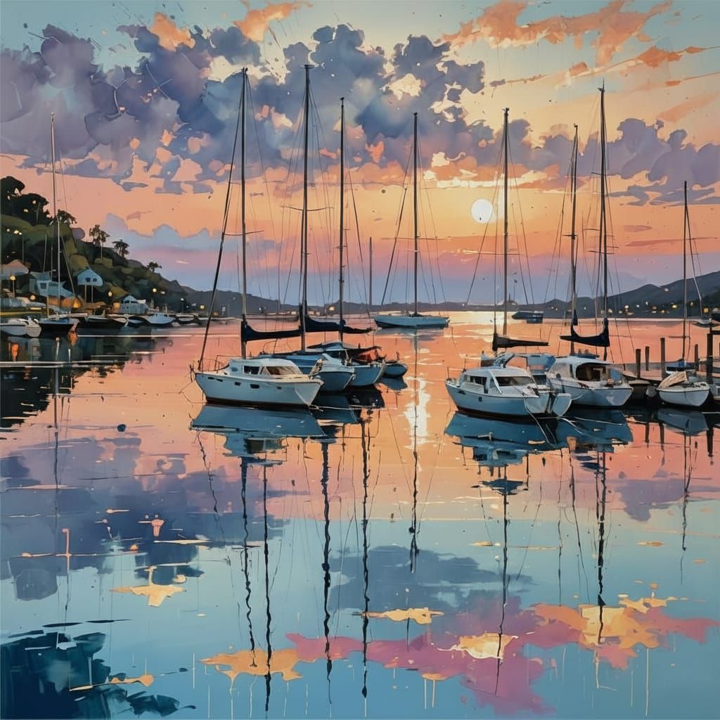 Yachts Moored in Harbor with Sunset Hues