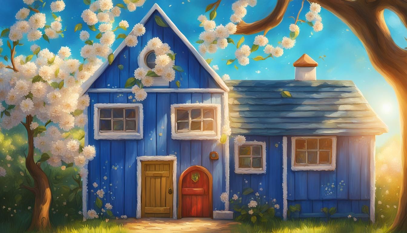 Blue House with Apple Tree: Fantasy Matte Painting