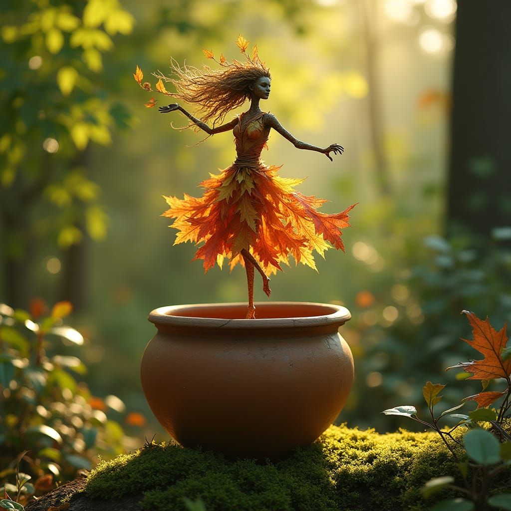 Whimsical Leaf Figure Dances on Ancient Pot