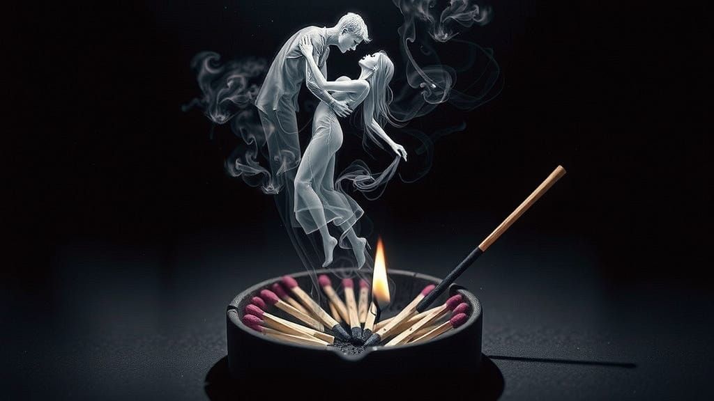 A photo of a dark, atmospheric scene where a lit matchstick is placed in an ashtray filled with burnt matches. Emerging ...