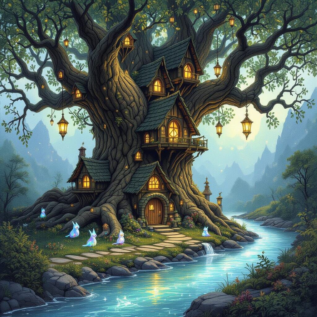 Magic Tree with Tiny Houses in Fantasy Art Style