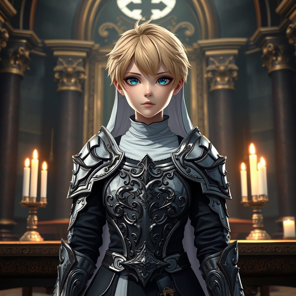 Young Nun in Exquisite Fantasy Armor Standing Before a Candl...
