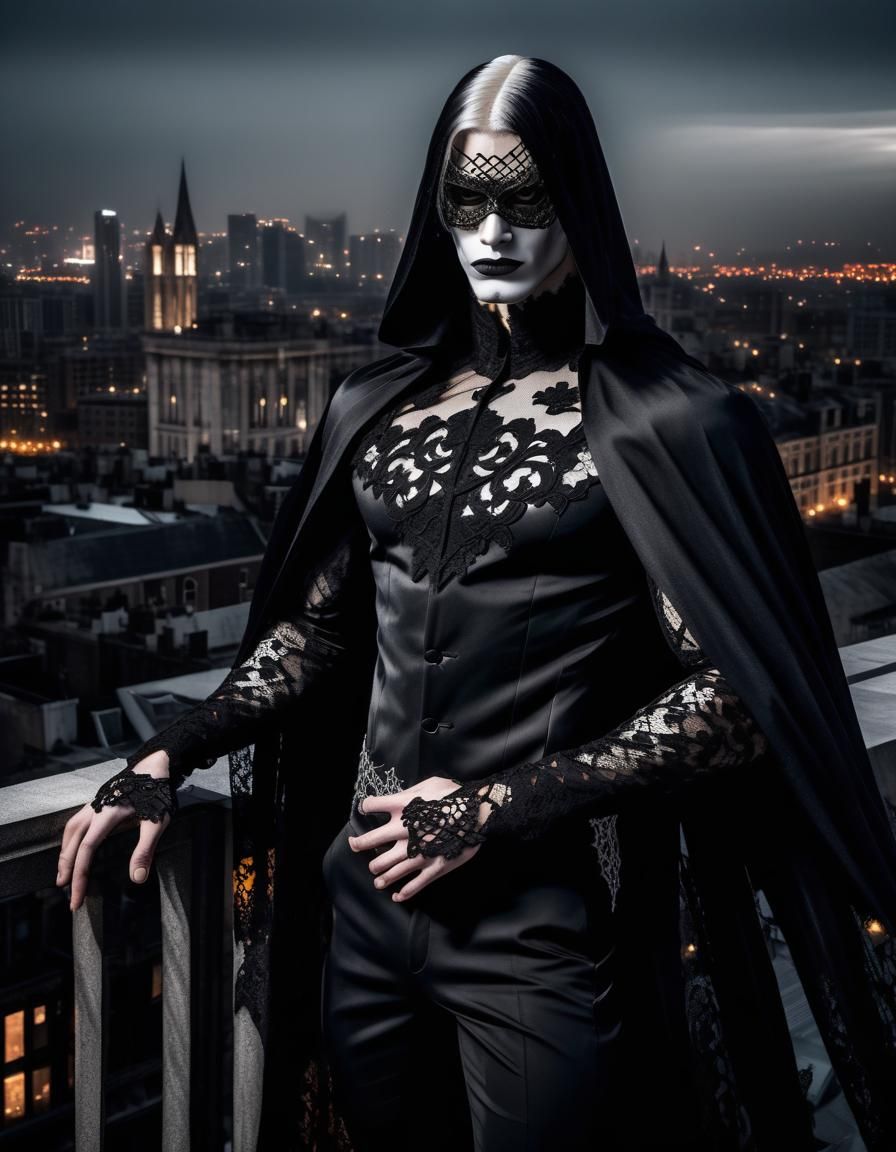 Gothic Lace Superhero Overlooking Dark City