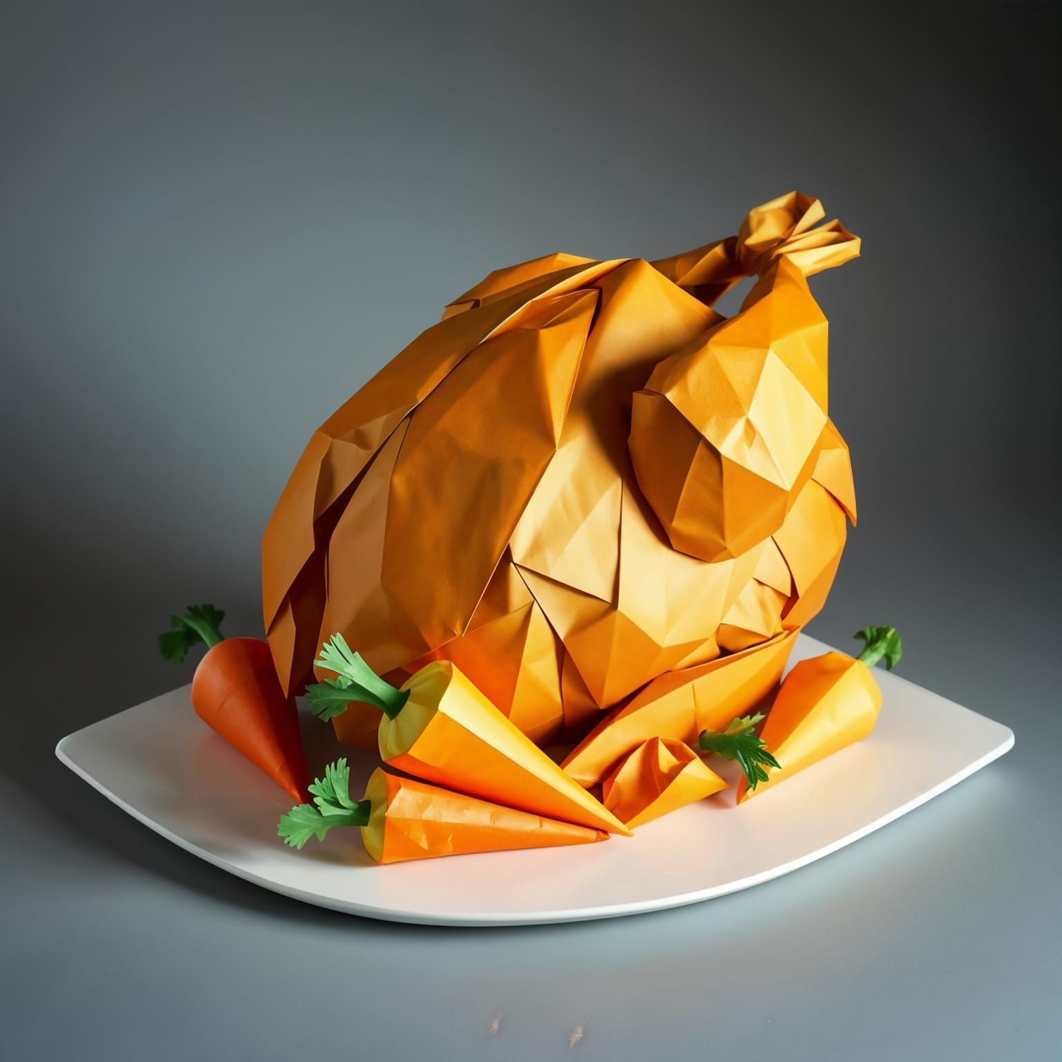 Golden Origami Roast Chicken Sculpture