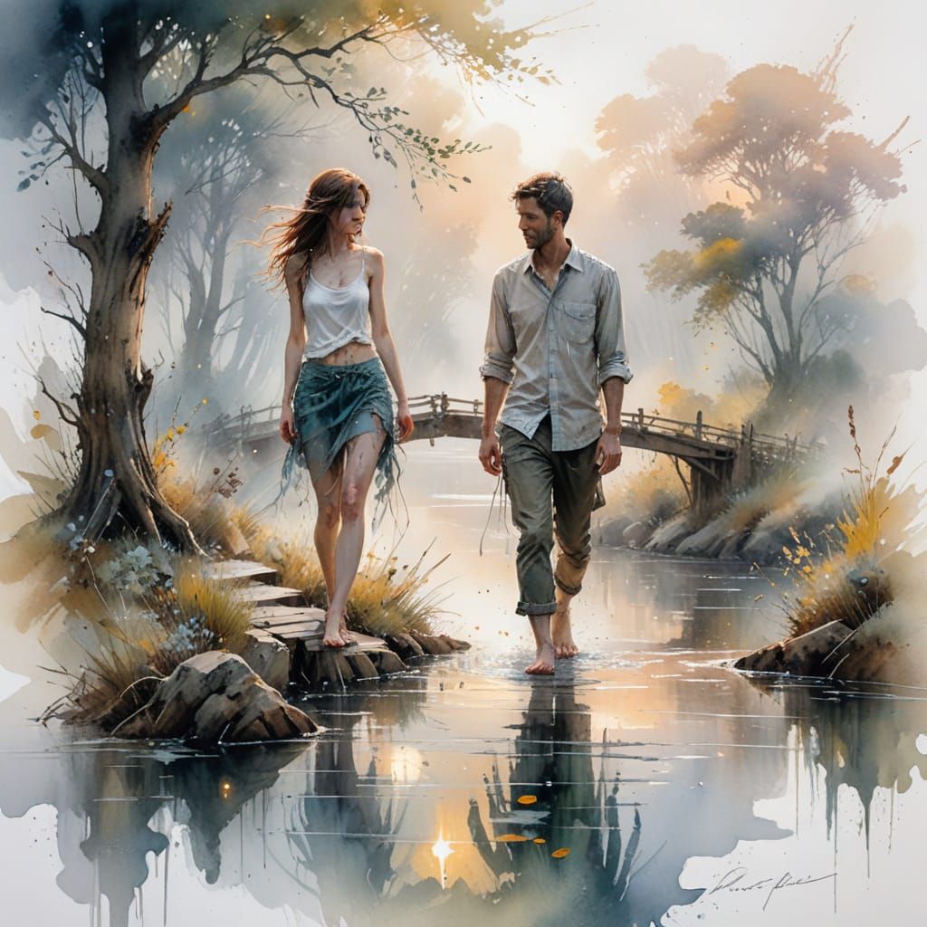 Misty Riverside at Daybreak Watercolor Landscape