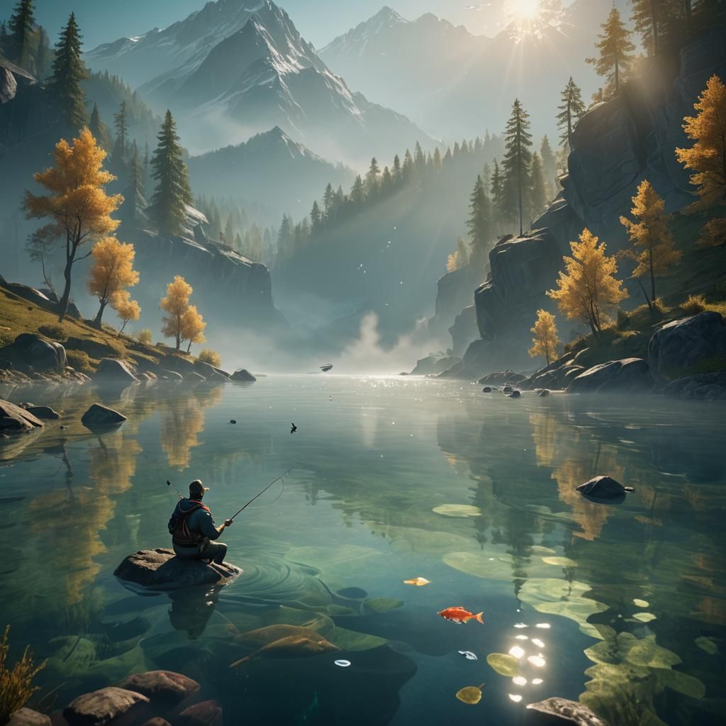Man Fishing a Giant Fish in Serene Mountain Lake