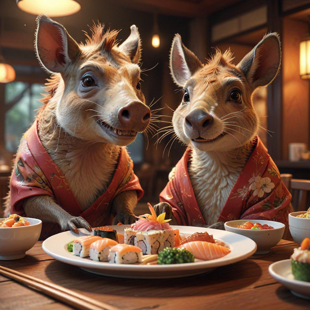 Whimsical Cartoon Warthog and Kangaroo Enjoy Sushi in a Japa...