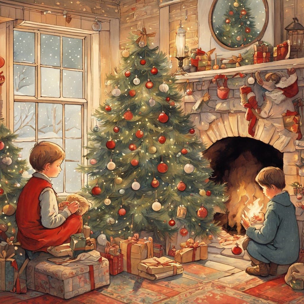 1920s children's book, the Robin family at Christmas