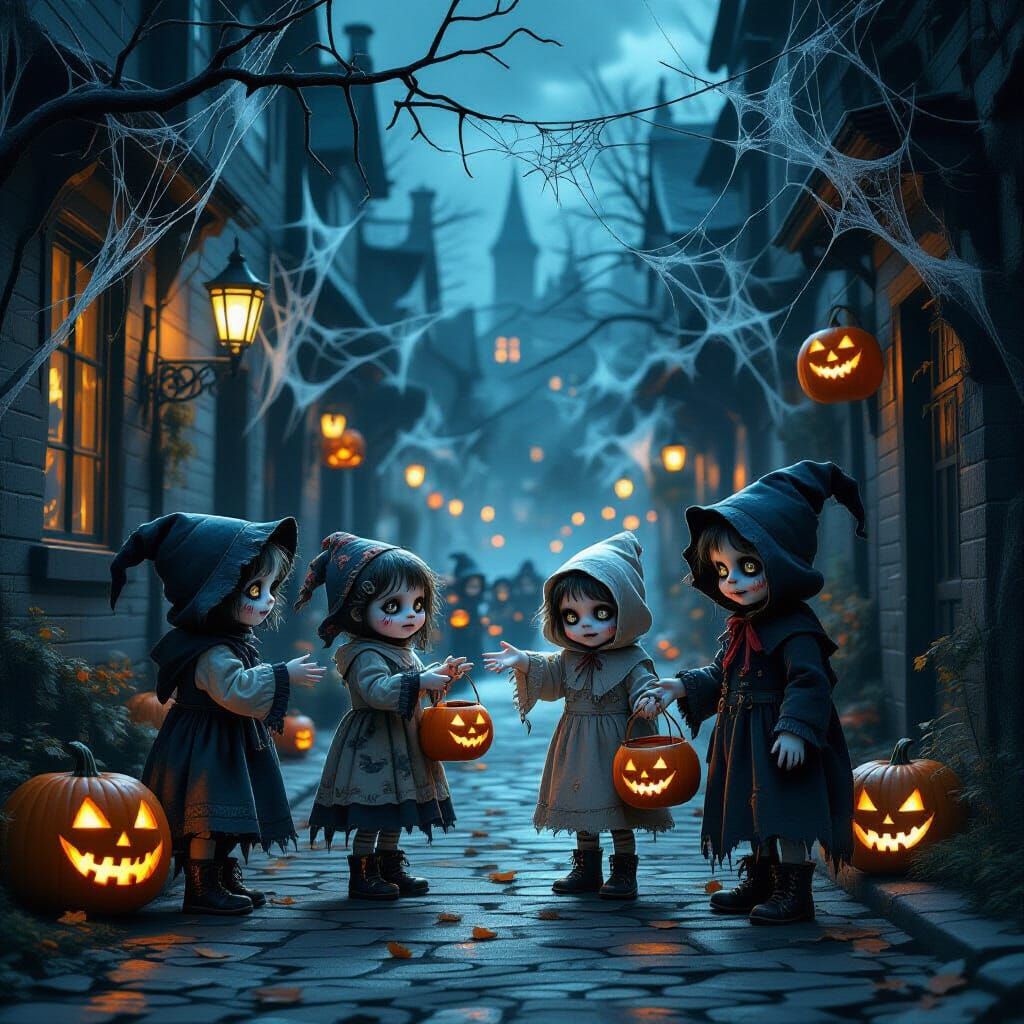 Cute Undead Children Trick-or-Treating on Spooky Street