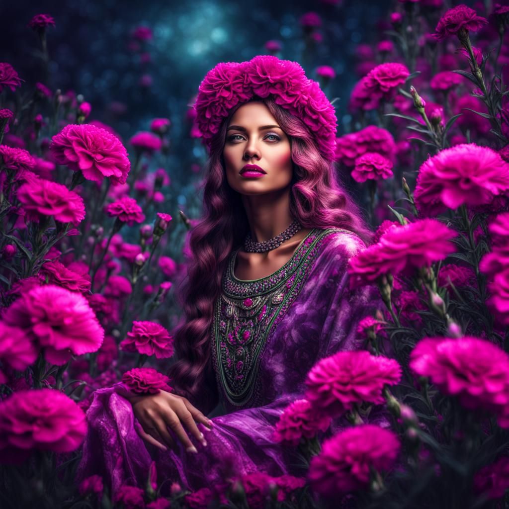 Goddess Surrounded by Magenta Dianthus Flowers