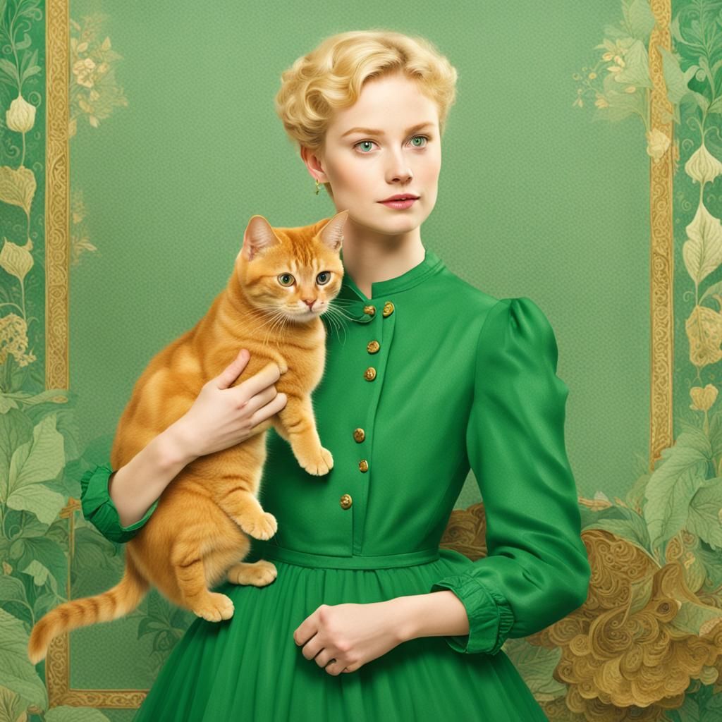 Blonde Woman with Golden Cat in Green Dress