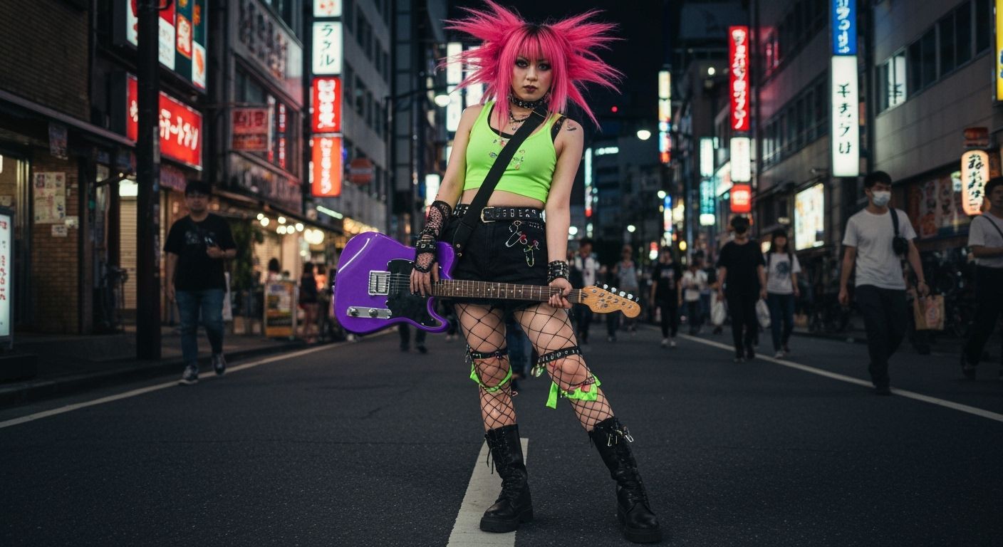 Punk Gyaru Girl with Electric Guitar in Shinjuku