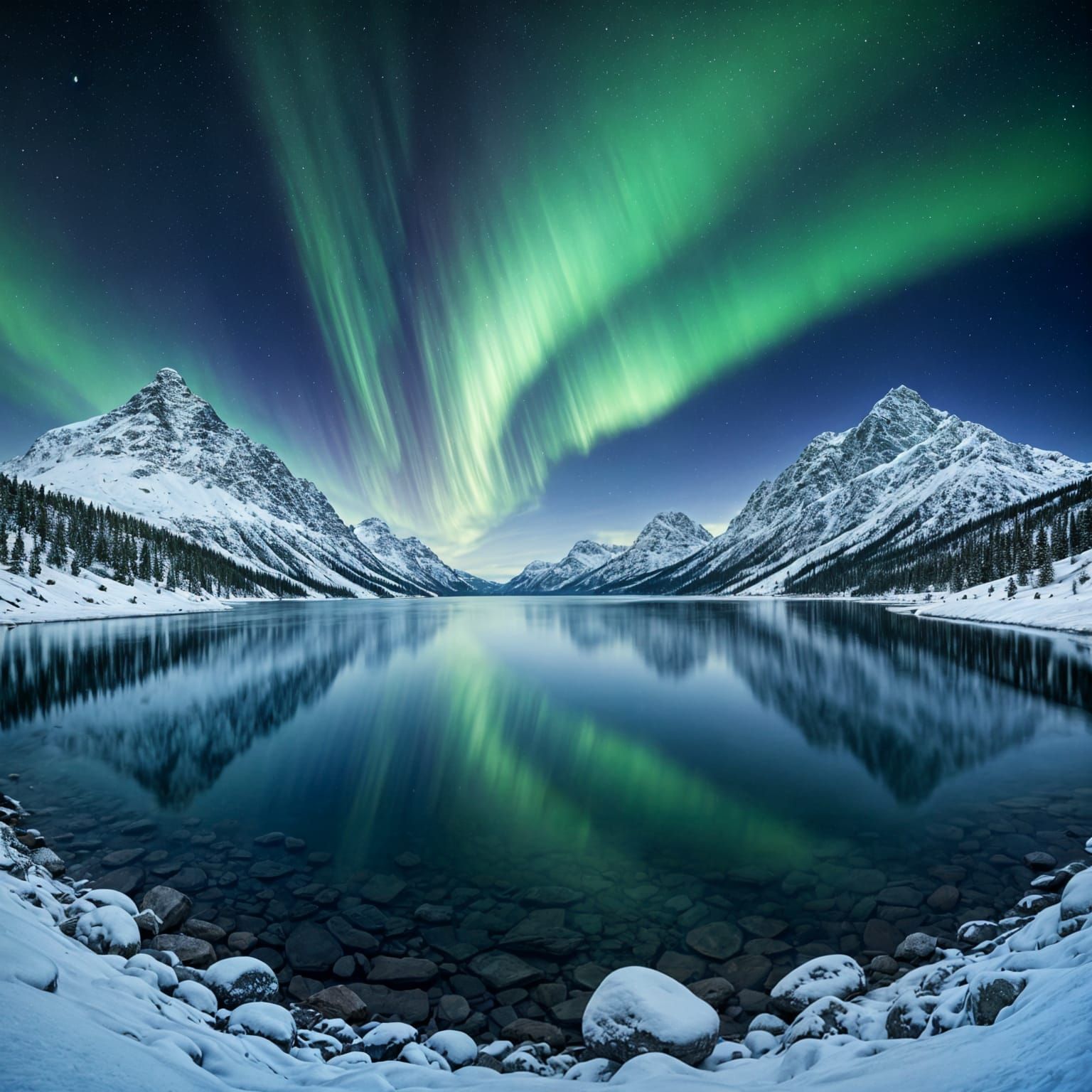 Winter Aurora Over Alpine Lake