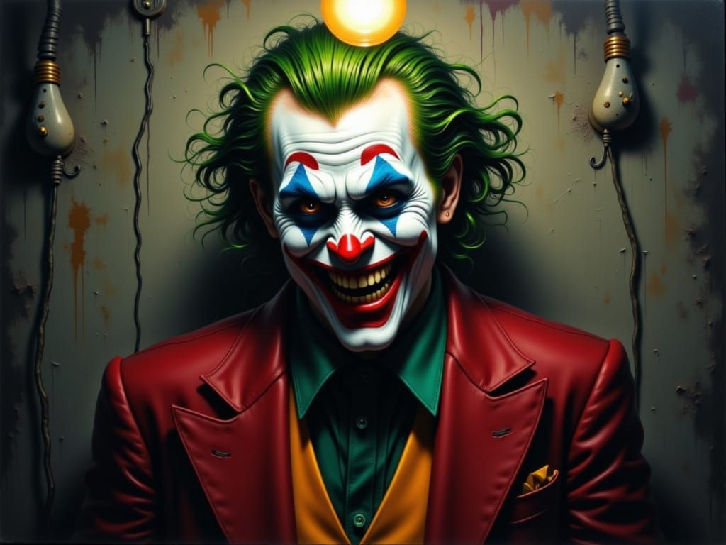 Joker Laughing Maniacally in Grimy Room, Oil Painting Style