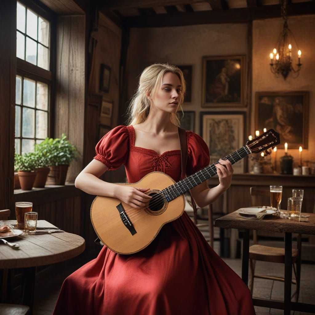 Blond Bard Plays Lute in Cozy Roman Cafe