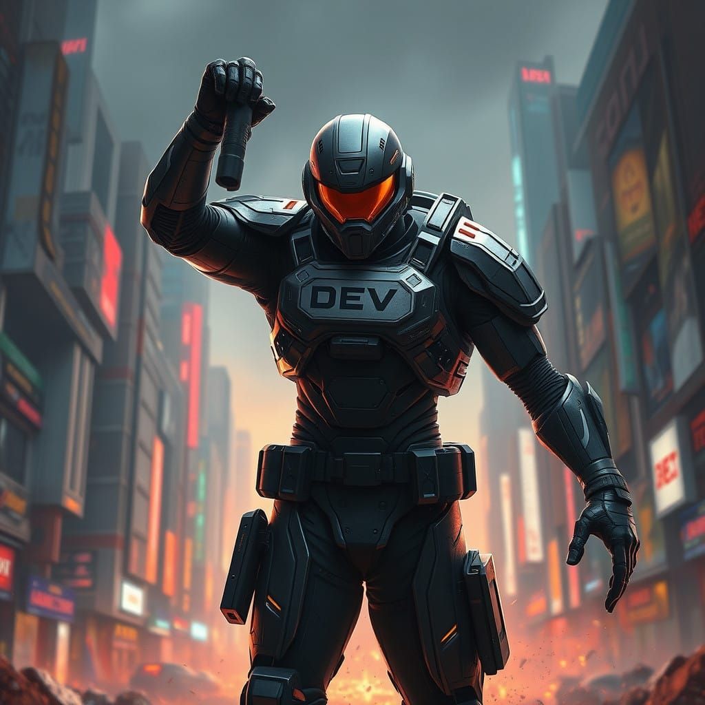 Cyber Soldier Hero in Dystopian Metropolis, Matte Painting S...