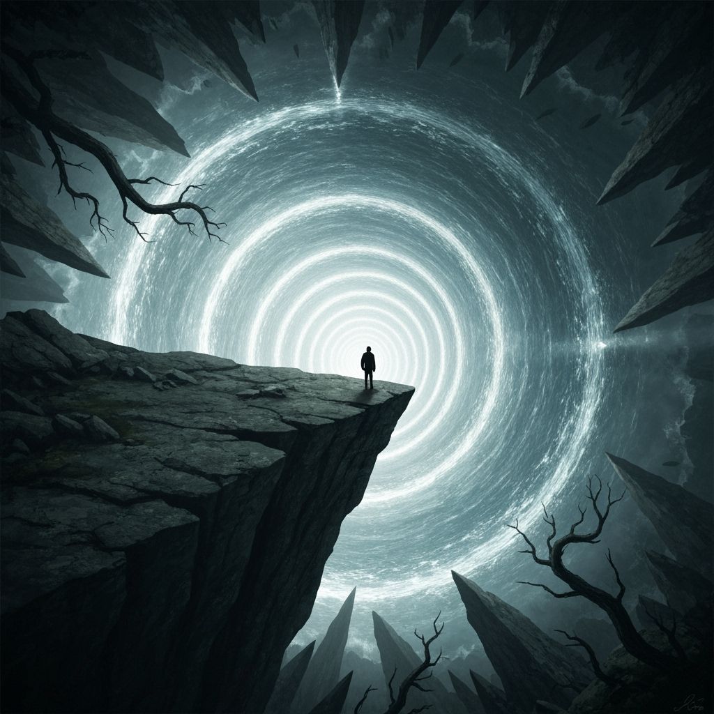 Lone Figure Gazing into Glowing Spiral Vortex