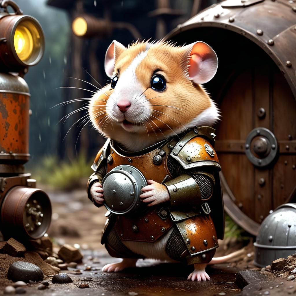 Sad Hamster Knight in Post-Apocalyptic Armor