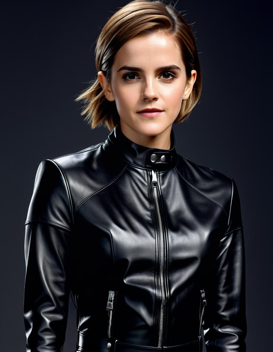 Emma Watson Hyperrealistic Portrait in Leather Jumpsuit