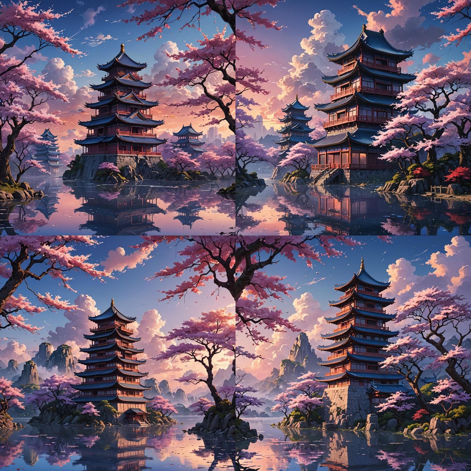 Chinese Building on Lake at Sunset: 3D Anime Art