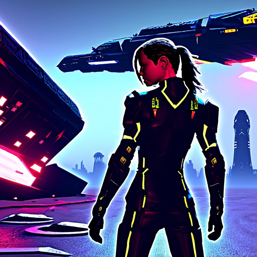 Cyberpunk Cyborg Officer Analyzes Device on Red Planet