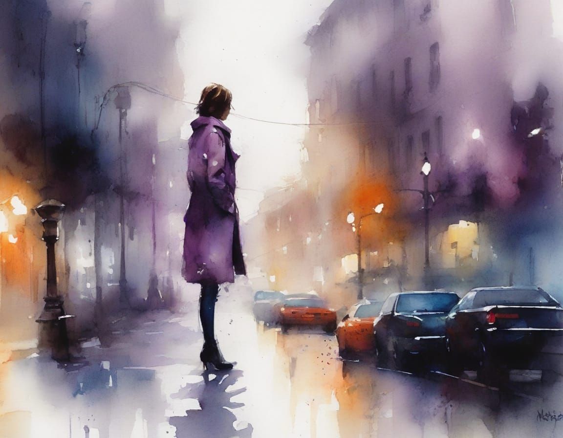 Figure in Streetlight Glow, Hyperrealistic Splash Art