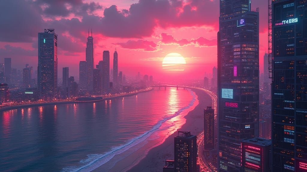 Synthwave Cityscape at Sunrise