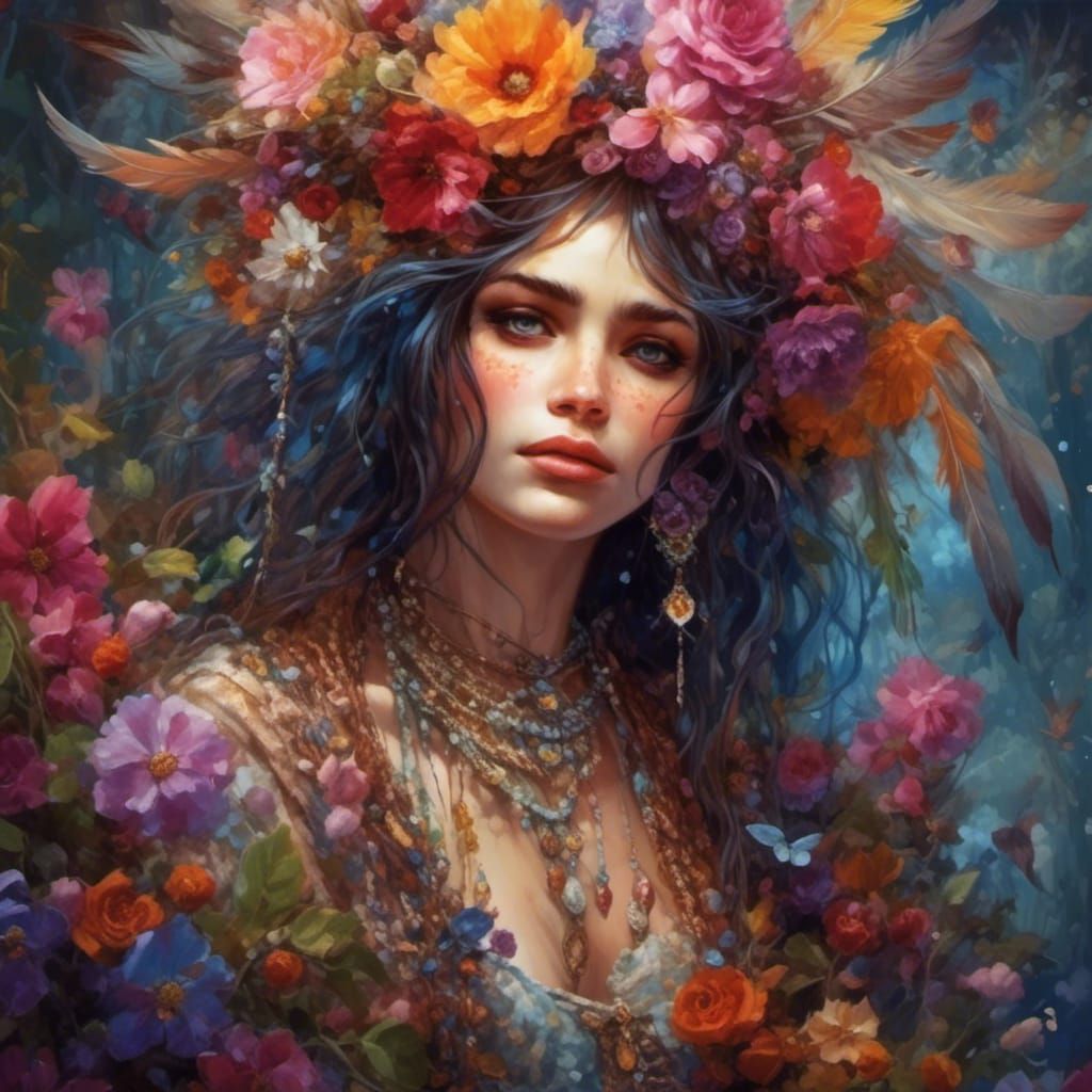 Woman with Flowers Walks Away: Hyperreal Portrait