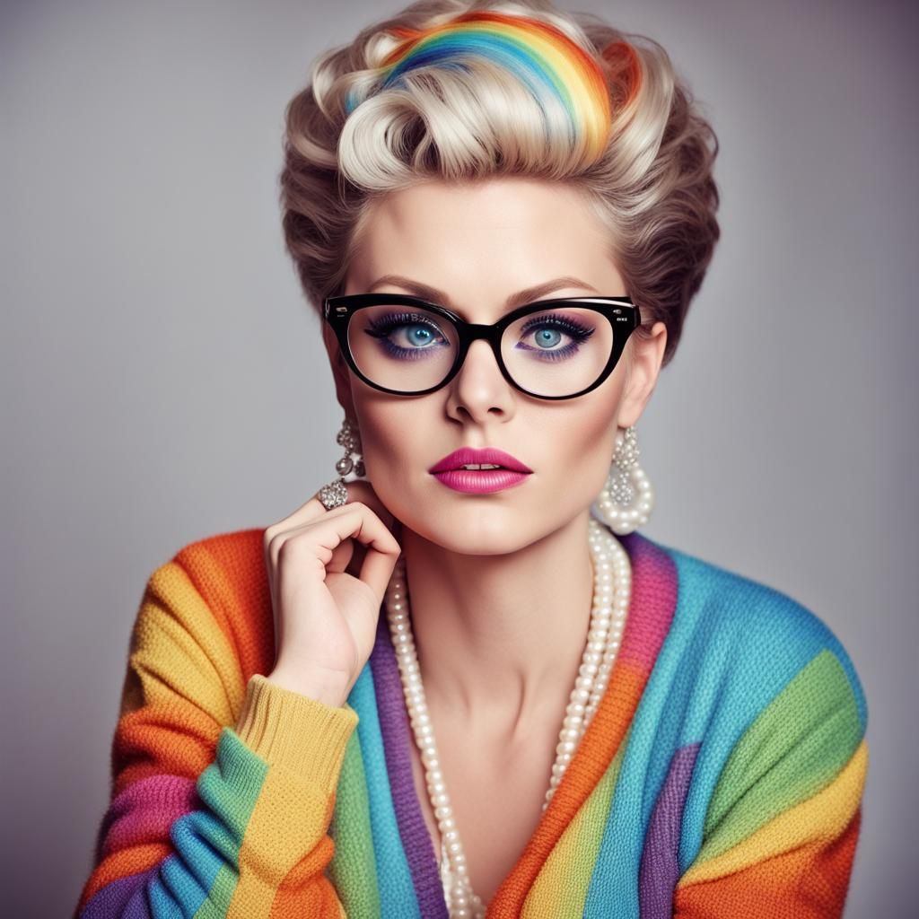 Voluptuous Woman with Rainbow Hair and Cateye Glasses