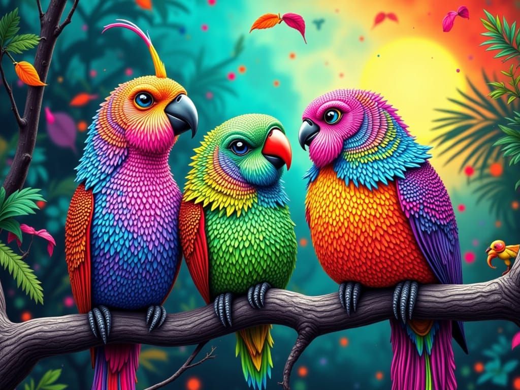 Cartoon Birds in Gothic Dotwork Style