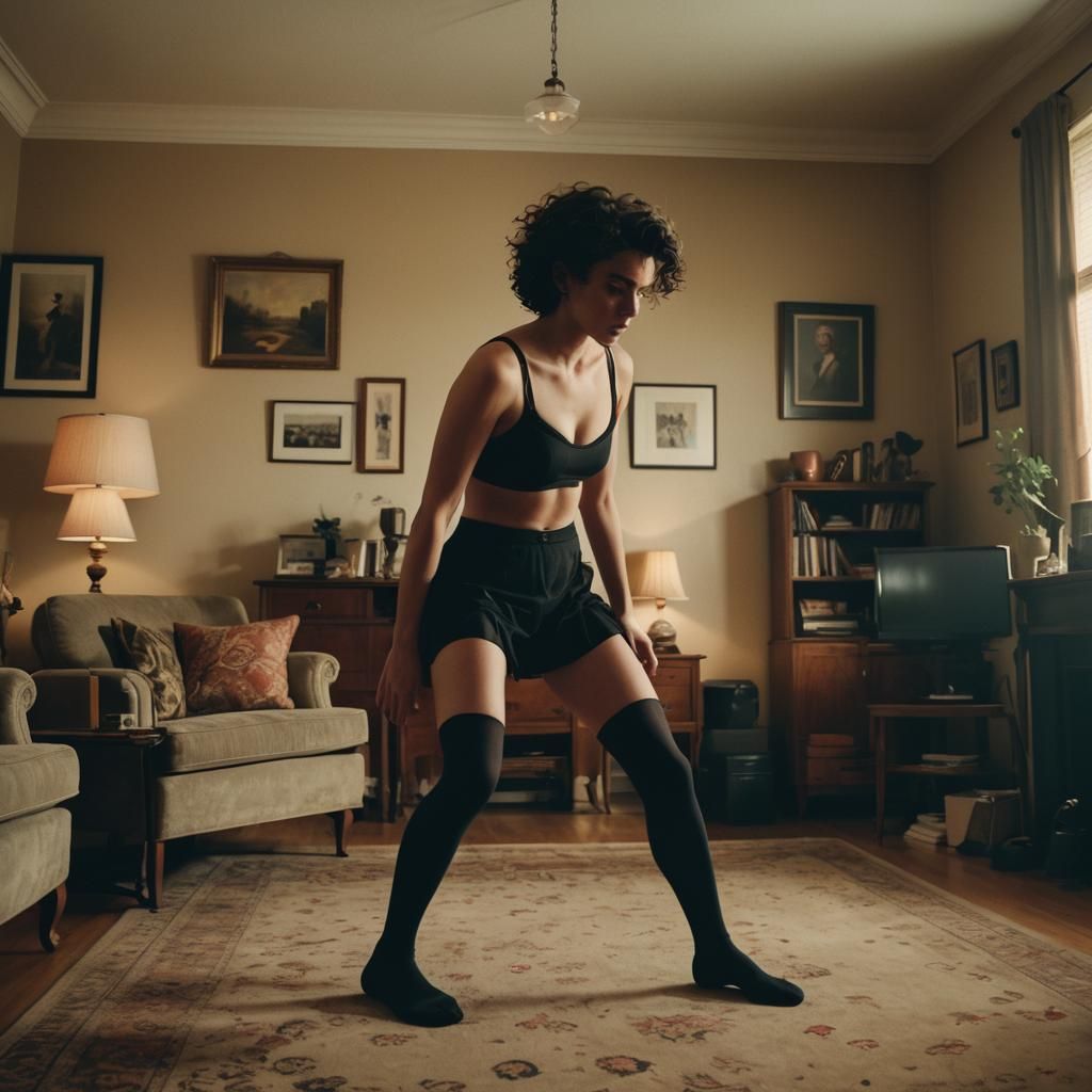 Crossdressing Teenager in Living Room: Cinematic Film Still