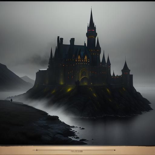 Majestic Dark Castle in Misty Landscape, Fantasy Concept Art