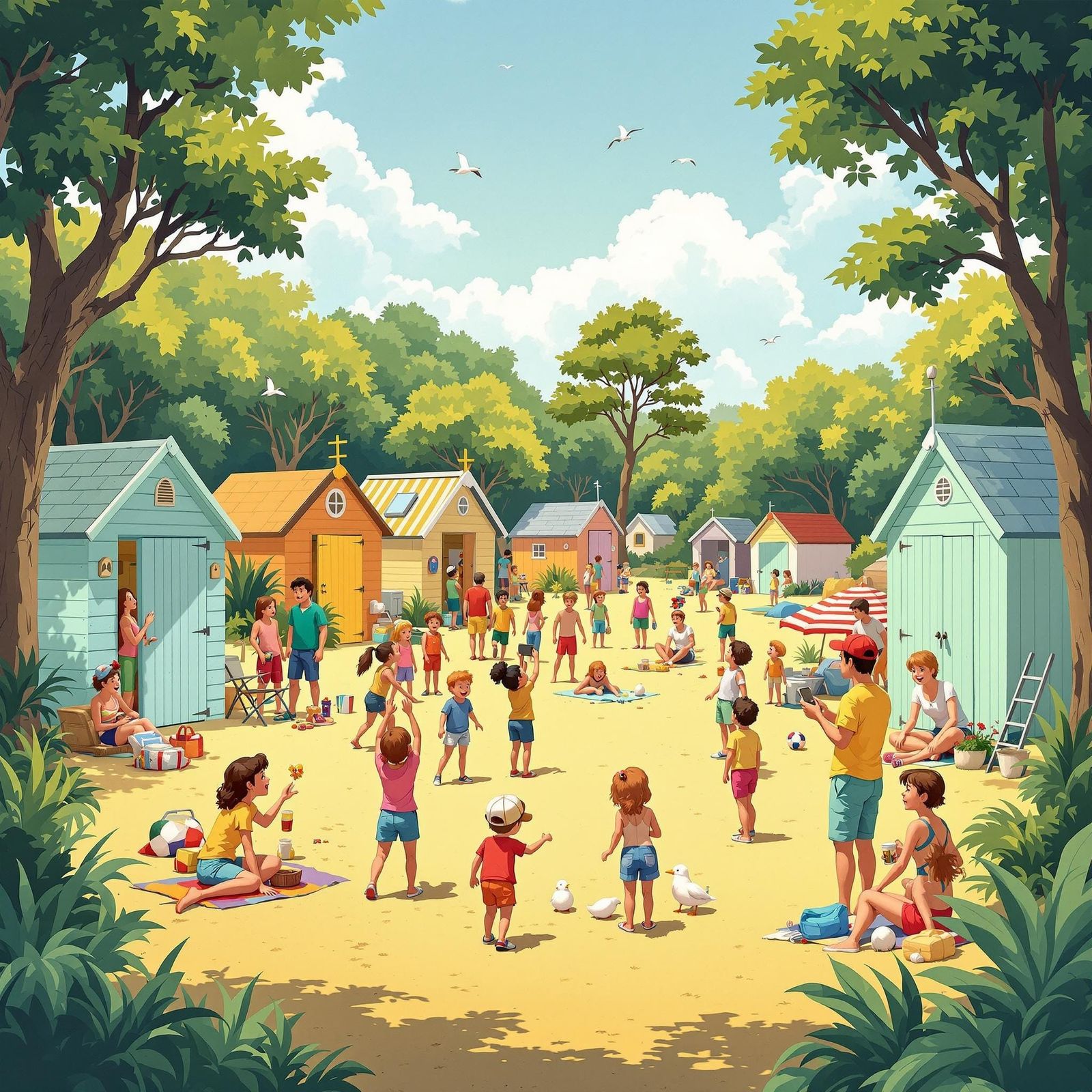Whimsical Summer Camp Scene in Vibrant Colors