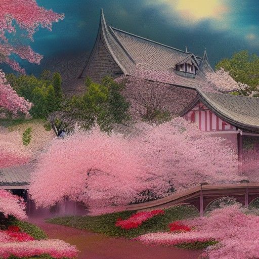 Tranquil Cherry Blossom Garden Matte Painting