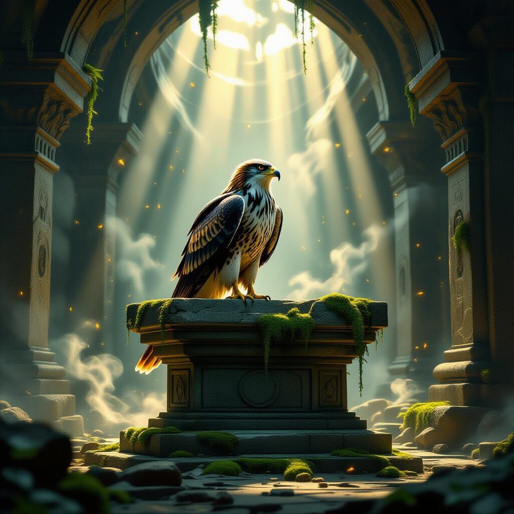 Golden Hawk on Ancient Altar in Mystical Temple