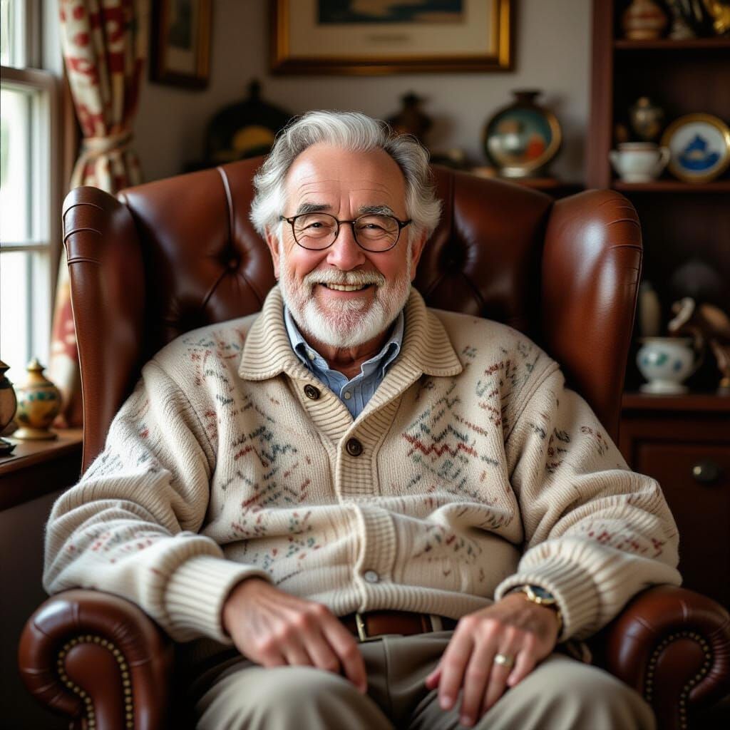 Kindly Uncle in Armchair, Rockwell-esque Painting