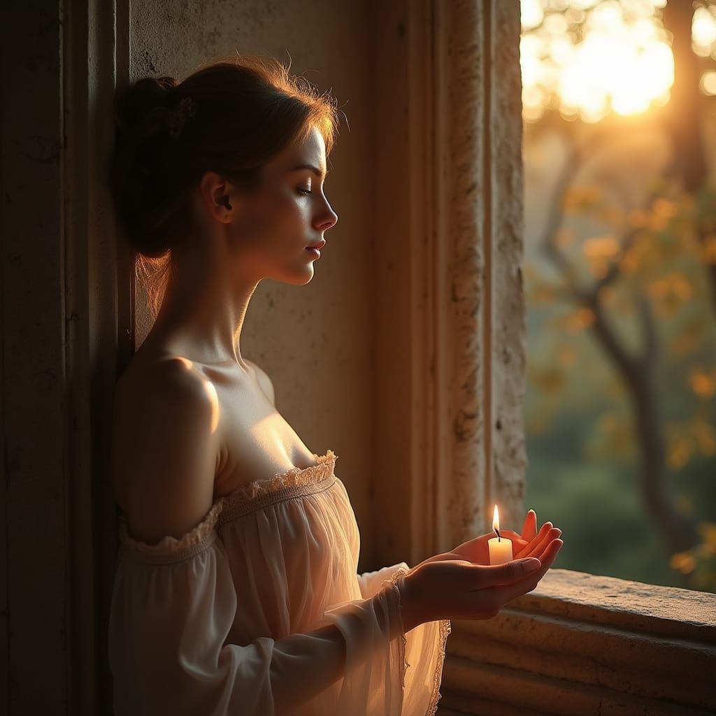 Ethereal Sunset Portrait in Ancient Window