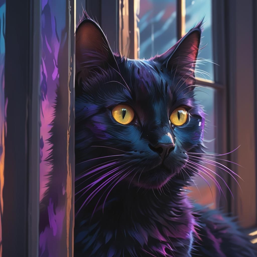 Hyperrealistic Black Cat Portrait at Window