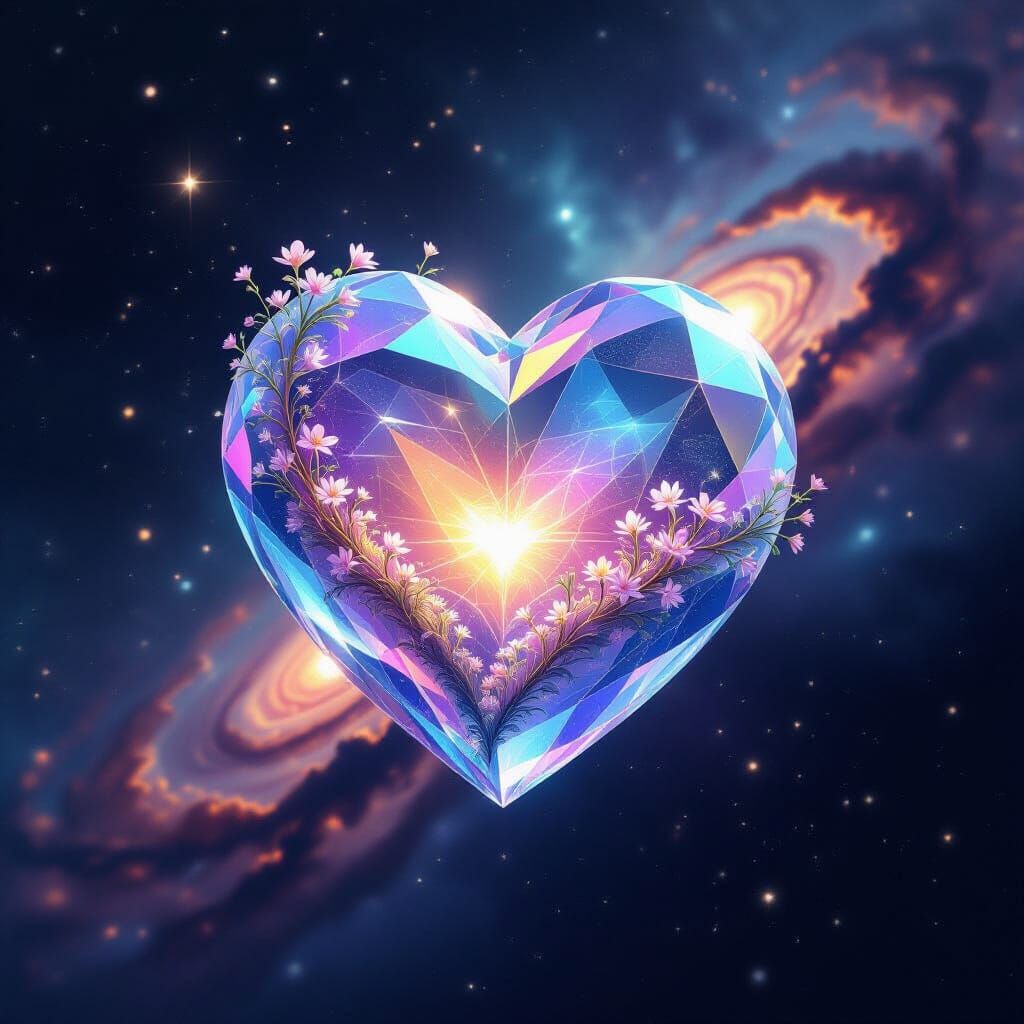 Iridescent Crystal Heart in Cosmic Nebula